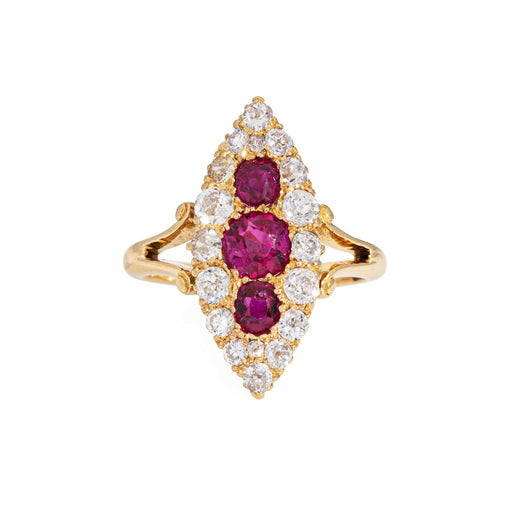 Bague 52 Bague navette victorienne antique en or jaune 18k, rubis de Birmanie et diamants 58 Facettes G13947