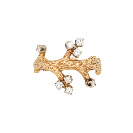 Bague 49 Bague branche vintage années 1960 en or jaune 14 carats et diamants 58 Facettes G13972