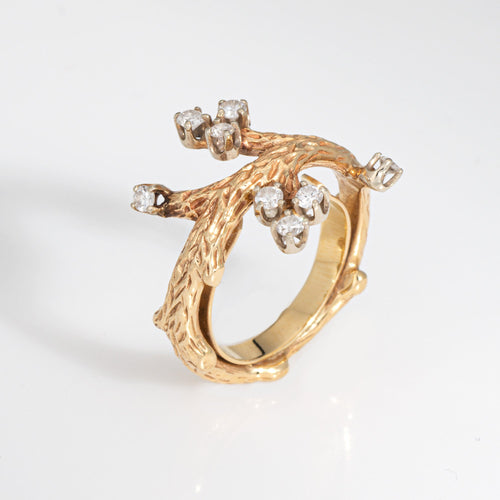 Bague 49 Bague branche vintage années 1960 en or jaune 14 carats et diamants 58 Facettes G13972