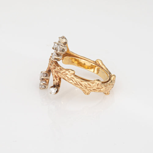Bague 49 Bague branche vintage années 1960 en or jaune 14 carats et diamants 58 Facettes G13972