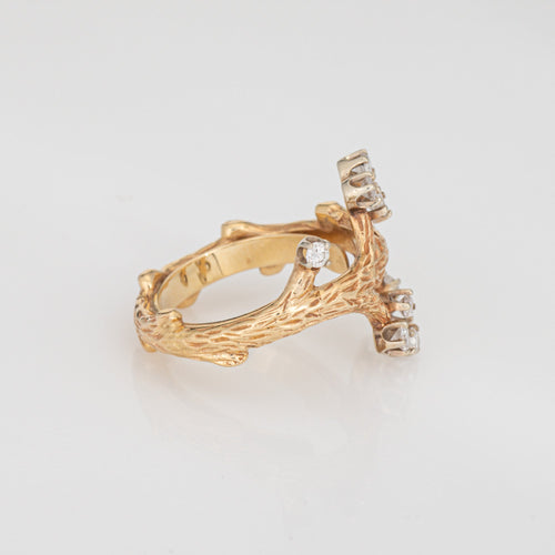 Bague 49 Bague branche vintage années 1960 en or jaune 14 carats et diamants 58 Facettes G13972