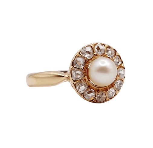 46 Bague marguerite antique en or rose 18K, perle et diamants 58 Facettes A07642