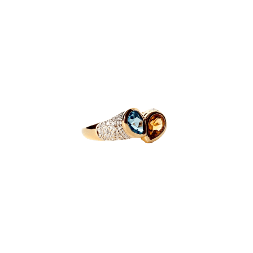 58 Toi & Moi - Bague en or jaune, citrine, aigue-marine et diamants 58 Facettes