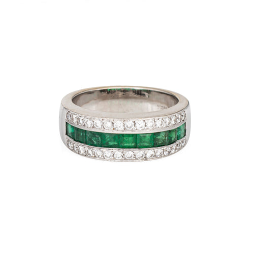 Bague 54 Bague bandeau diamants et émeraudes en or blanc 18 carats 58 Facettes G14005