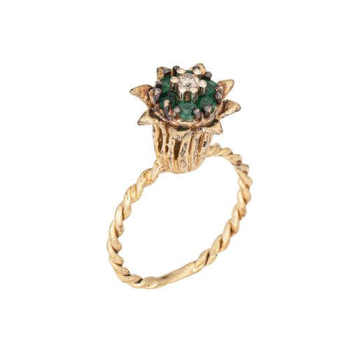 Bague 51 Bague tulipe vintage en or jaune 14 carats, diamant et émeraudes 58 Facettes G14019