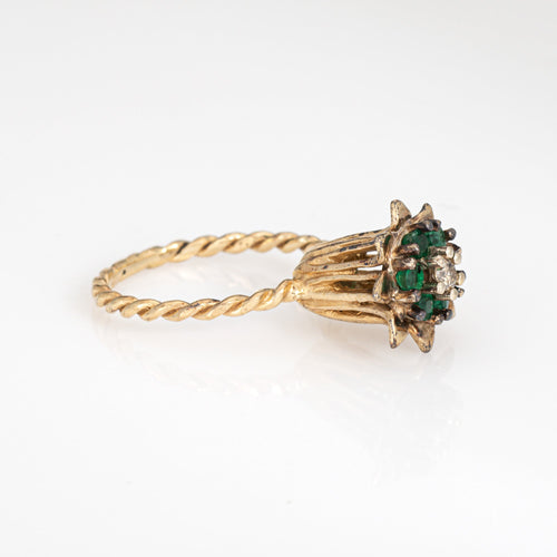 Bague 51 Bague tulipe vintage en or jaune 14 carats, diamant et émeraudes 58 Facettes G14019