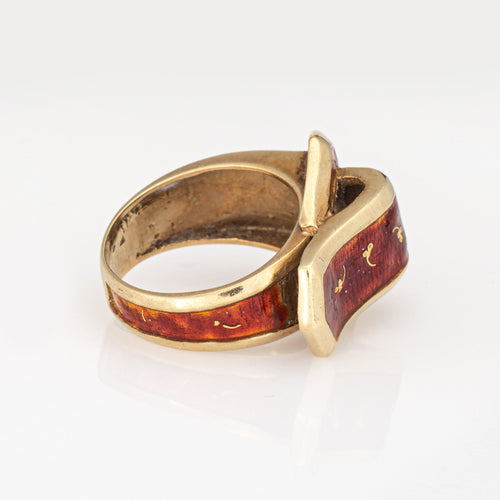 Bague 49 Bague boucle de ceinture vintage en or jaune 14k et émail rouge 58 Facettes G14041
