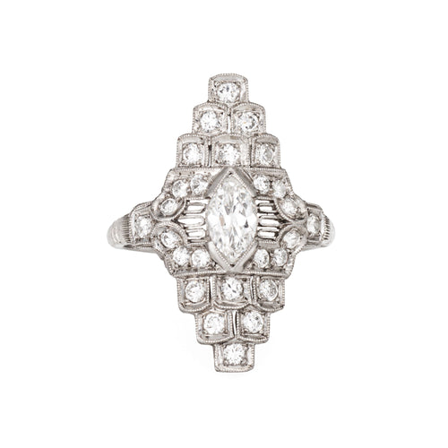 Bague 49 Art déco - Bague navette en platine 900 et diamants, tour de doigt 49 58 Facettes G14077