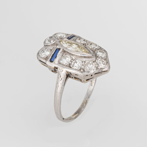 Bague 51 Art déco - Bague bouclier en platine 900, diamants et saphirs 58 Facettes G14026