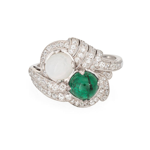Bague 62 Bague Art déco vintage en platine 900, émeraude, pierre de lune et diamants 58 Facettes G14027