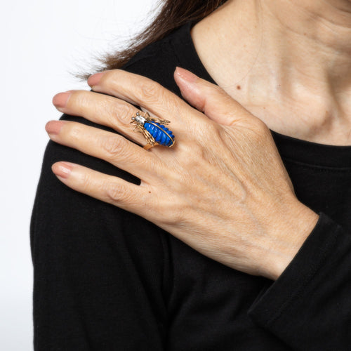 Bague 52 Bague insecte vintage en or jaune 14k avec diamants, sodalite et rubis 58 Facettes G13998