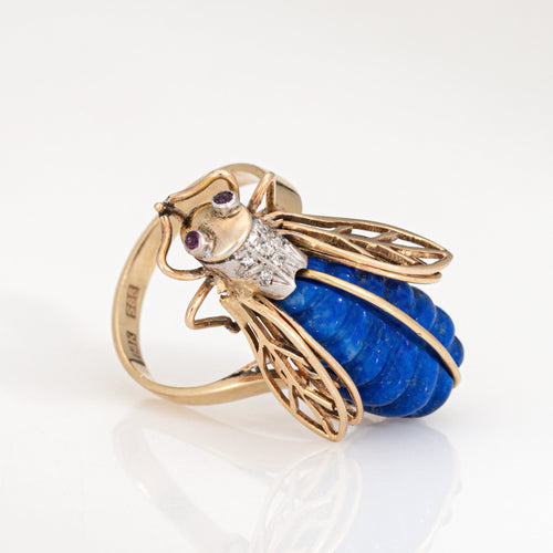 Bague 52 Bague insecte vintage en or jaune 14k avec diamants, sodalite et rubis 58 Facettes G13998