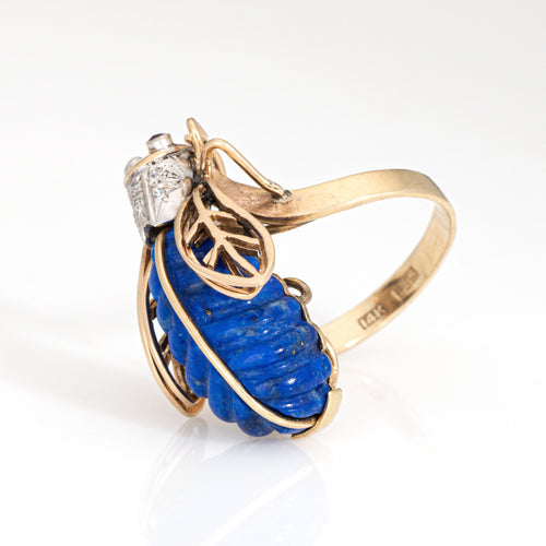 Bague 52 Bague insecte vintage en or jaune 14k avec diamants, sodalite et rubis 58 Facettes G13998