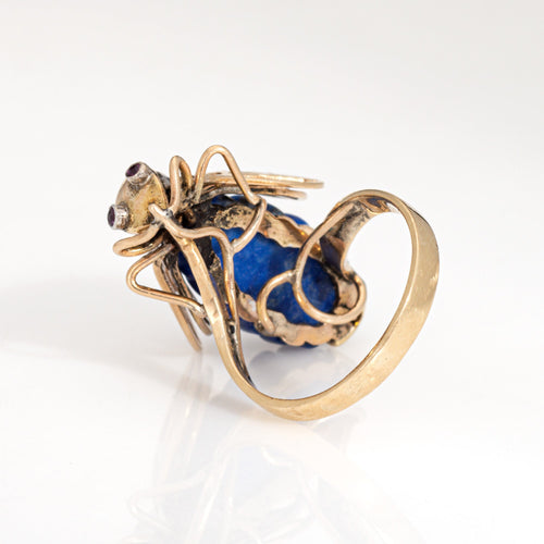 Bague 52 Bague insecte vintage en or jaune 14k avec diamants, sodalite et rubis 58 Facettes G13998