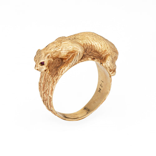 Bague 59 Bague panthère vintage en or jaune 14k, pierres rouges 58 Facettes G14085