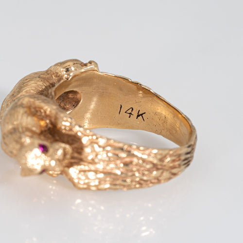 Bague 59 Bague panthère vintage en or jaune 14k, pierres rouges 58 Facettes G14085