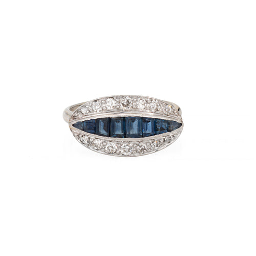 Bague 56 Bague Art déco vintage en or blanc 18 ct et platine, diamants et saphirs 58 Facettes G14119