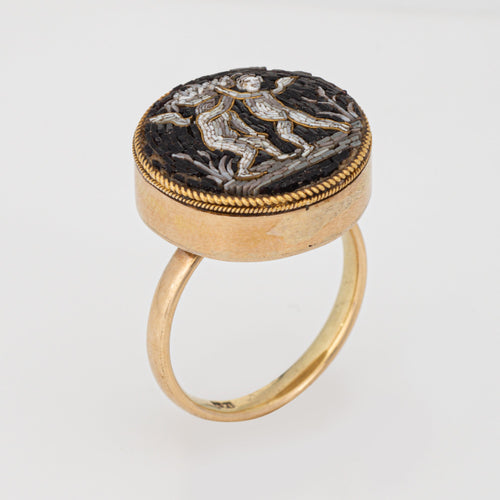Bague 57 Bague micro-mosaïque victorienne aux chérubins en or jaune 14k 58 Facettes G13903