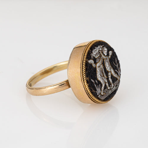 Bague 57 Bague micro-mosaïque victorienne aux chérubins en or jaune 14k 58 Facettes G13903