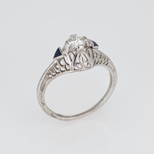 Bague 52 Bague Art déco - Bague en or blanc 14k avec diamant et saphirs 58 Facettes G1105