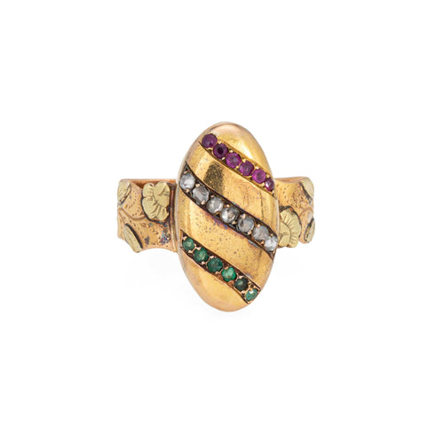 Bague 56 Belle Époque - Bague ancienne en or jaune 18 carats, diamants, rubis et émeraudes 58 Facettes G14137