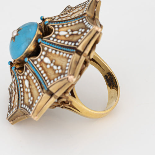 Bague 56 Bague cocktail vintage en or jaune 14k émail bleu, taille 56 (FR) 58 Facettes G14147