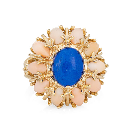 Bague 53 SKAL - Bague cocktail vintage en or jaune 14 carats, corail et sodalite 58 Facettes G12434
