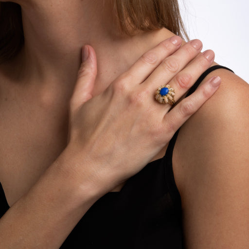 Bague 53 SKAL - Bague cocktail vintage en or jaune 14 carats, corail et sodalite 58 Facettes G12434