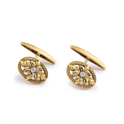 Boutons de manchette Boutons de manchettes anciens feuilles de chêne diamants en or jaune 18 carats 58 Facettes BM10