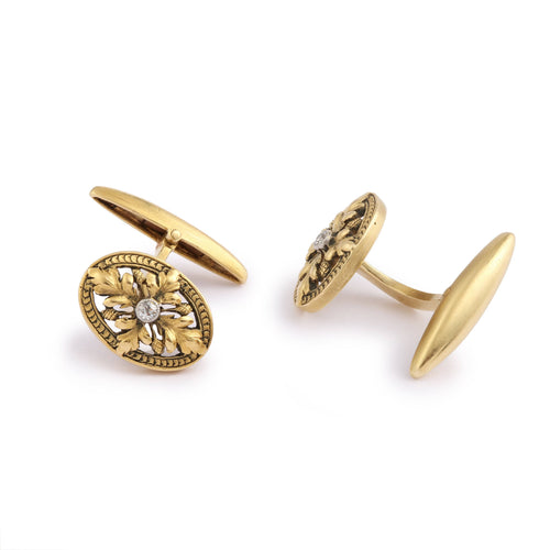 Boutons de manchette Boutons de manchettes anciens feuilles de chêne diamants en or jaune 18 carats 58 Facettes BM10