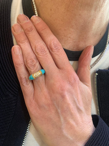 Bague 49.5 Bague jonc en or jaune 18 carats avec turquoise et diamants 58 Facettes B362C