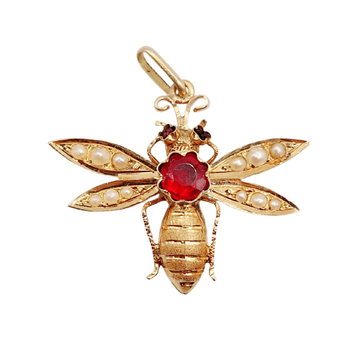 Victorian bee pendant in rose gold, garnet, and pearls 