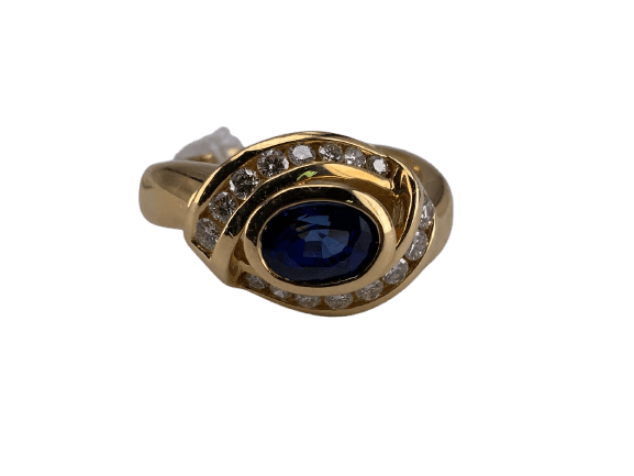 54 Bague en or jaune 18k avec saphir de Ceylan et diamants 58 Facettes BA 426