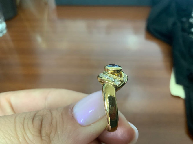 54 Bague en or jaune 18k avec saphir de Ceylan et diamants 58 Facettes BA 426