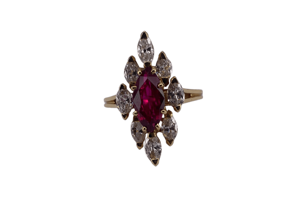 Bague 54 Bague marquise en or jaune 18K, rubis et diamant 58 Facettes BA 770