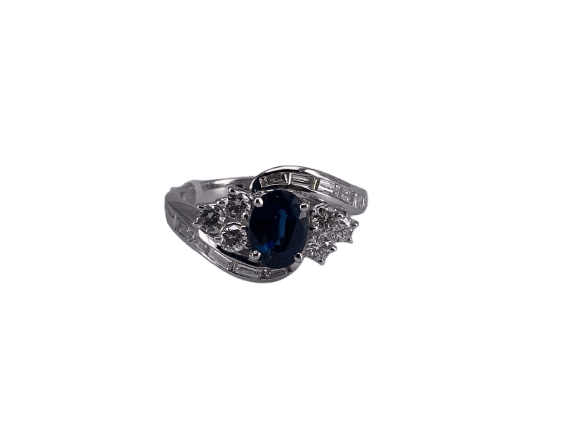 Bague 54 Art déco - Bague en or blanc, saphir de Ceylan et diamants 58 Facettes BA 432