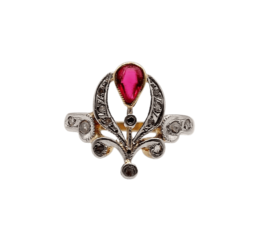 Bague 42 Bague duchesse antique en or rose 18k, pierre rouge et diamants 58 Facettes A07649