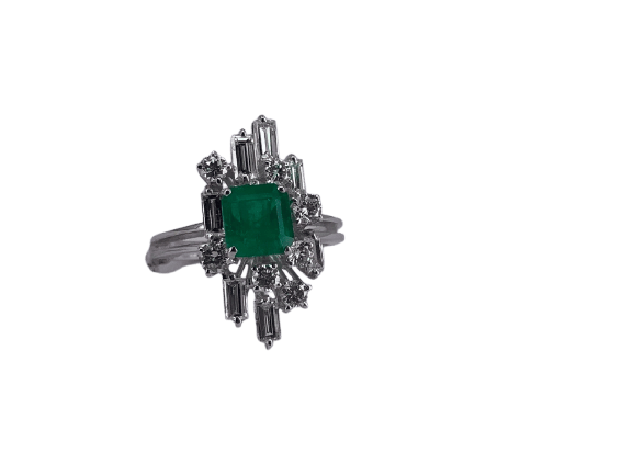 Bague 54 Art déco - Bague en or blanc, émeraude colombienne et diamants 58 Facettes BA 737