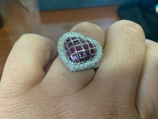 Bague 54 Bague cœur vintage en or blanc avec rubis et diamants 58 Facettes BA 1003