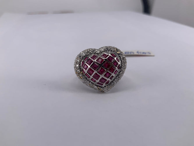 Bague 54 Bague cœur vintage en or blanc avec rubis et diamants 58 Facettes BA 1003