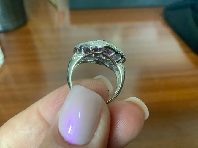 Bague 54 Bague cœur vintage en or blanc avec rubis et diamants 58 Facettes BA 1003