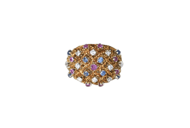 57 Bague boule cordage en or rose, saphirs, rubis et diamants 58 Facettes