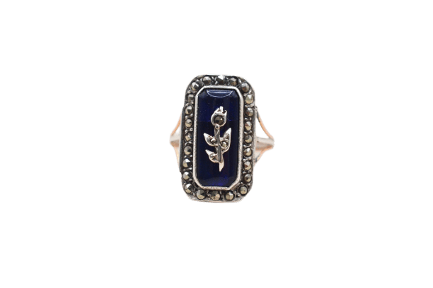 Viktoriansk ring i roséguld, Silver, emalj och markasiter 