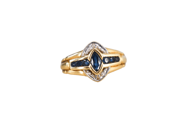 Bague 54 Bague navette en or jaune et blanc, saphirs et diamants 58 Facettes Ref 4018