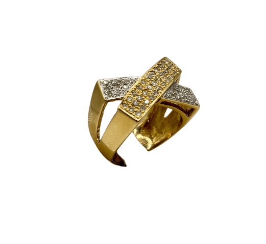 Two-tone crisscross ring in white and yellow gold with diamonds 