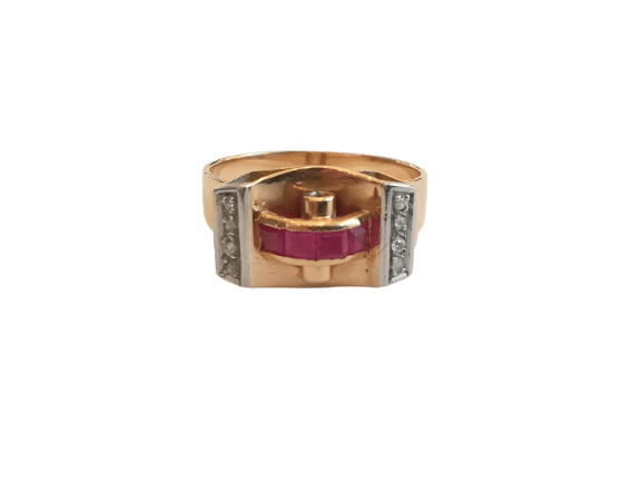 Tank Brücke - Ring aus Roségold, Platin, Rubinen und Diamanten 