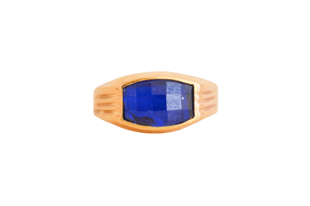 Bague 56 Chevalière en or jaune 18k avec pierre bleue facettée 58 Facettes 4203