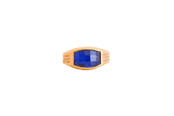 Bague 56 Chevalière en or jaune 18k avec pierre bleue facettée 58 Facettes 4203