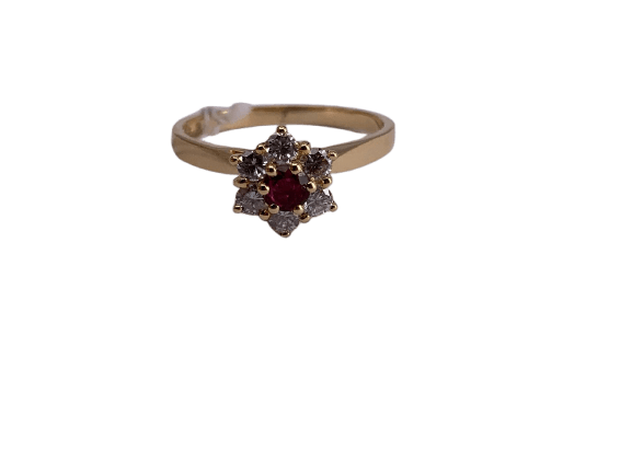 Ronde ring Margriet in geelgoud, robijn en diamanten 