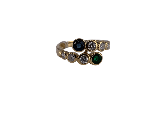 Ring Toi & Moi in geelgoud, smaragd, saffier en diamant 